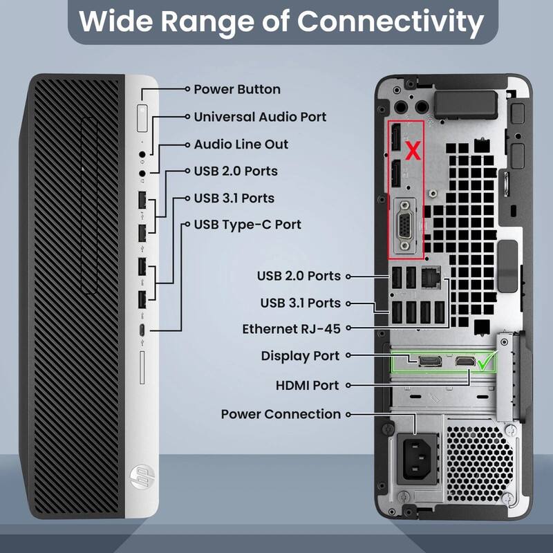 Wide Range of Connectivity

- Power Button
- Universal Audio Port
- Audio Line Out
- USB 2.0 Ports
- USB 3.1 Ports
- USB Type-C Port
- USB 2.0 Ports
- USB 3.1 Ports
- Ethernet RJ-45
- Display Port
- HDMI Port
- Power Connection