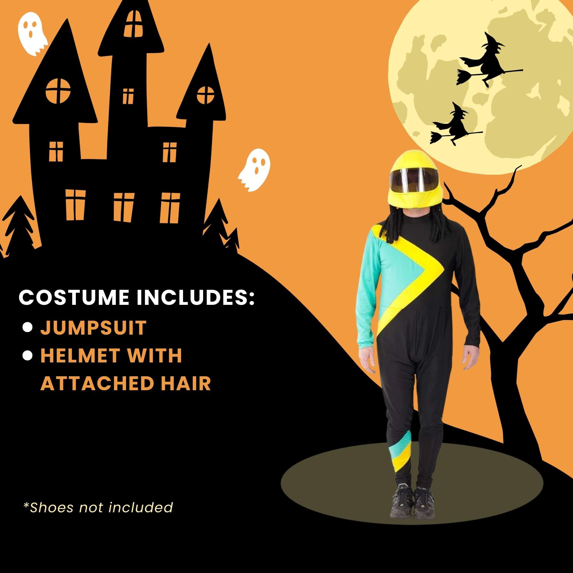 COSTUME INCLUDES:  
- JUMPSUIT  
- HELMET WITH ATTACHED HAIR  

*Shoes not included