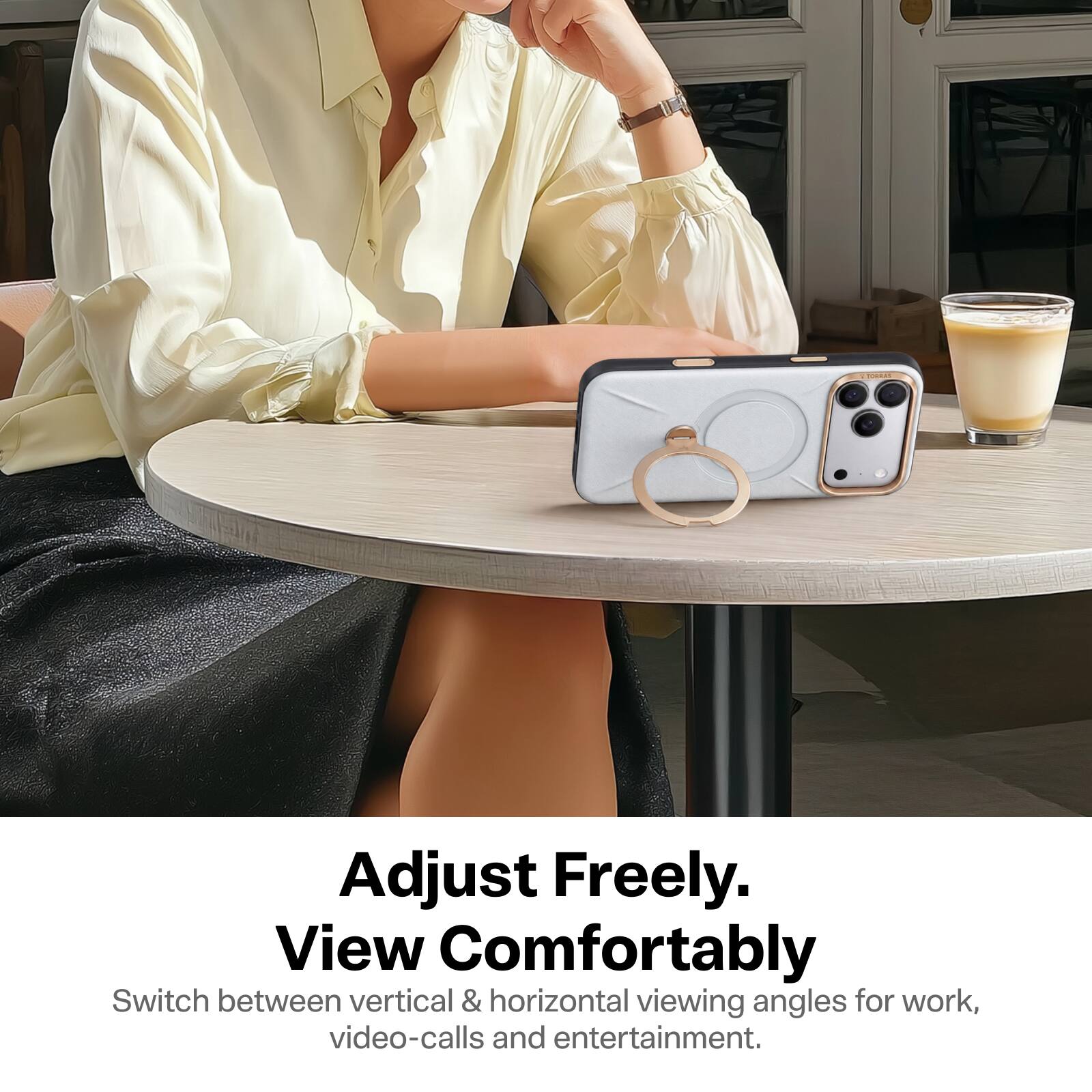 Adjust Freely.  
View Comfortably  
Switch between vertical & horizontal viewing angles for work, video-calls and entertainment.
