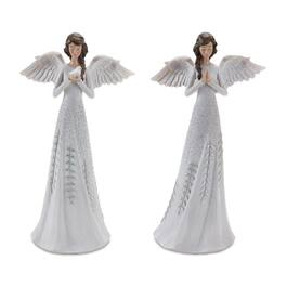 BreeBe - Angel Figurine with Silver Floral Accent (Set of 2) - White, Silver