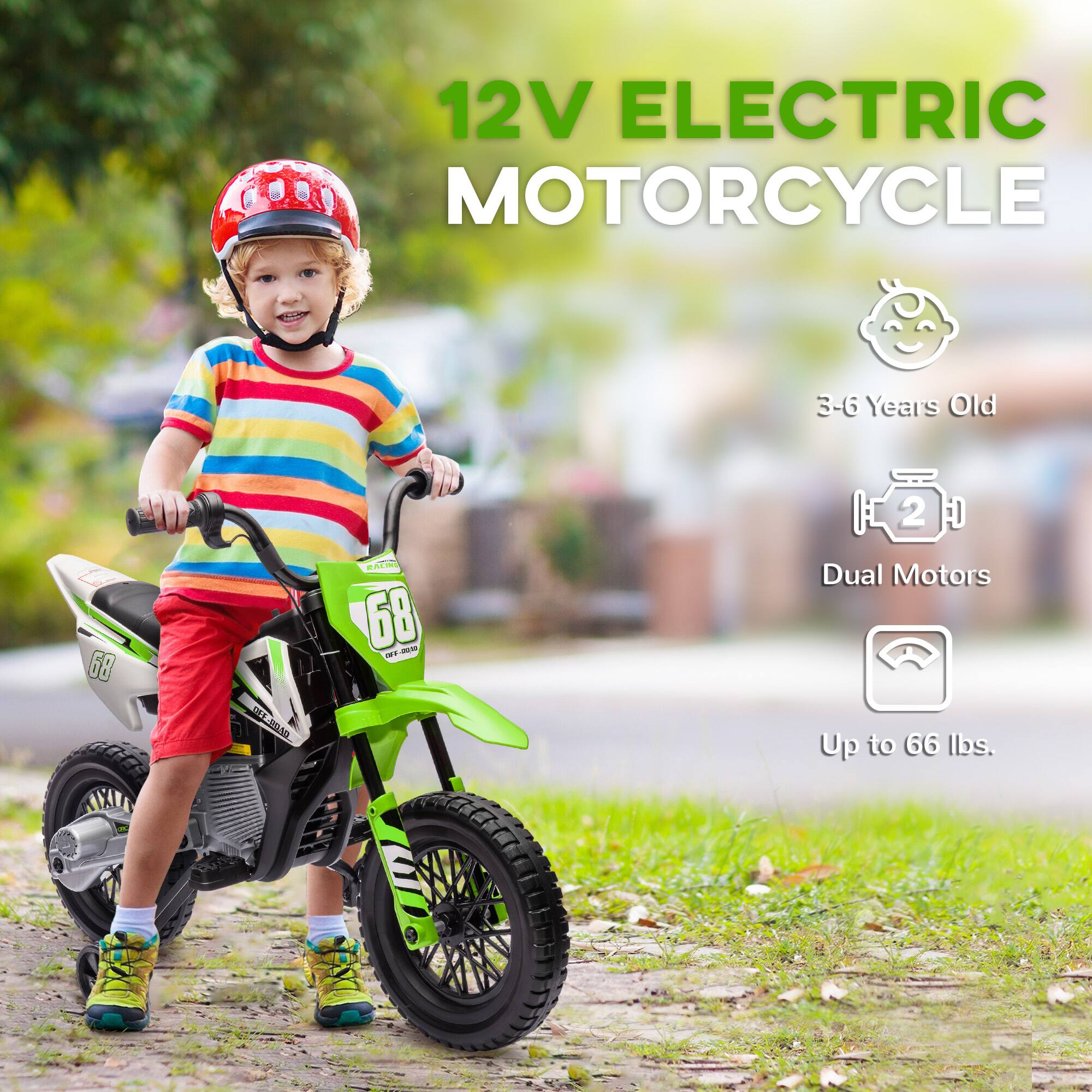 12V ELECTRIC MOTORCYCLE  
3-6 Years Old  
Dual Motors  
Up to 66 lbs.