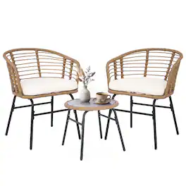 Costway - 3 Pieces Patio Furniture Set with Tempered Glass Coffee Table and Soft Cushions - Natural, Off White
