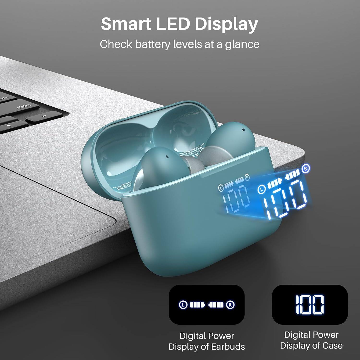 Smart LED Display  
Check battery levels at a glance

Digital Power Display of Earbuds  
Digital Power Display of Case