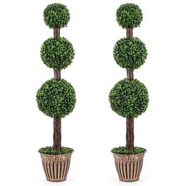 Costway - 2PCS Artificial Triple Ball Boxwood Tree, Fake Topiary Tree with Retro Planter - Green