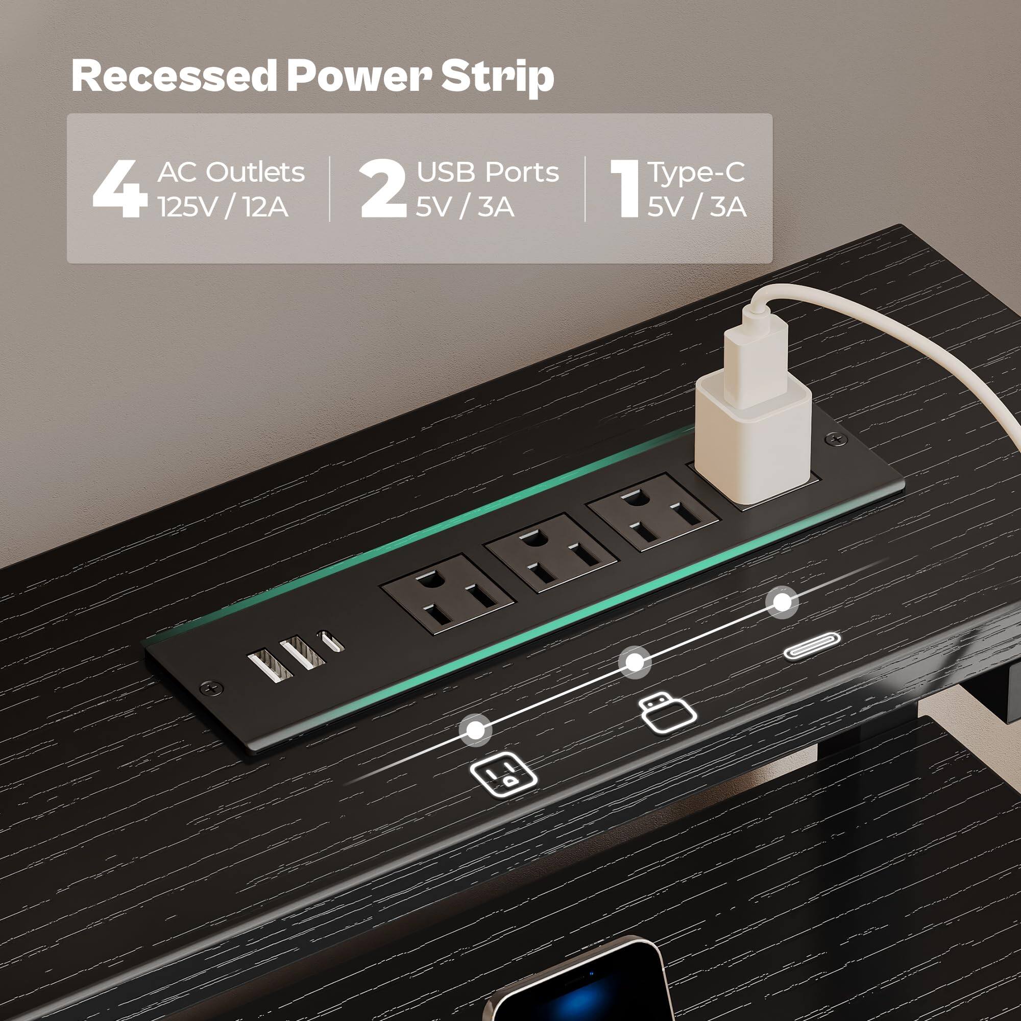 Recessed Power Strip

- 4 AC Outlets 125V / 12A
- 2 USB Ports 5V / 3A
- 1 Type-C 5V / 3A