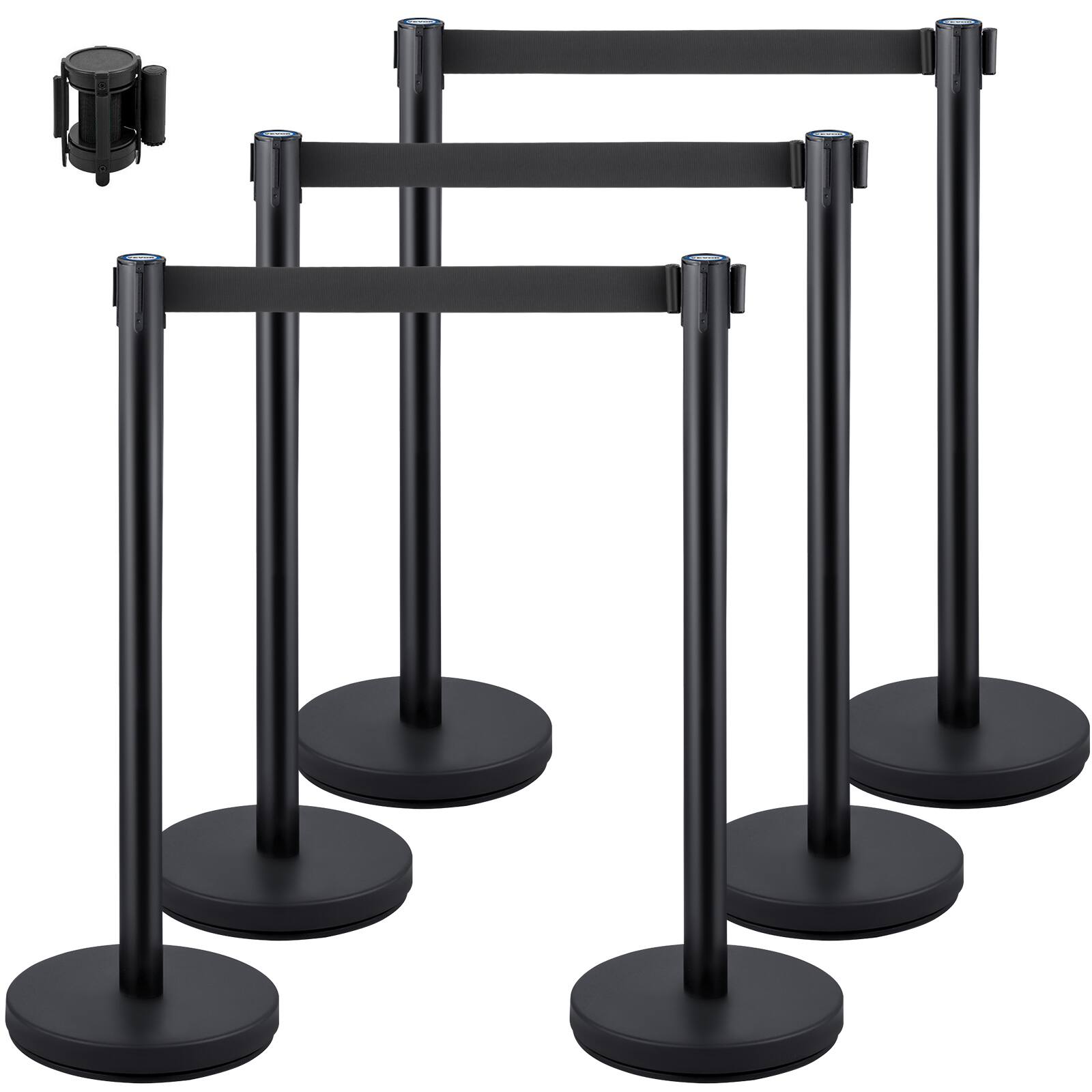 Front. VEVOR - Crowd Control Stanchions, 6-Pack Crowd Control Barriers with 3PCS 6.5FT Retractable Belt, Stanchion Posts Queue Pole - Black.