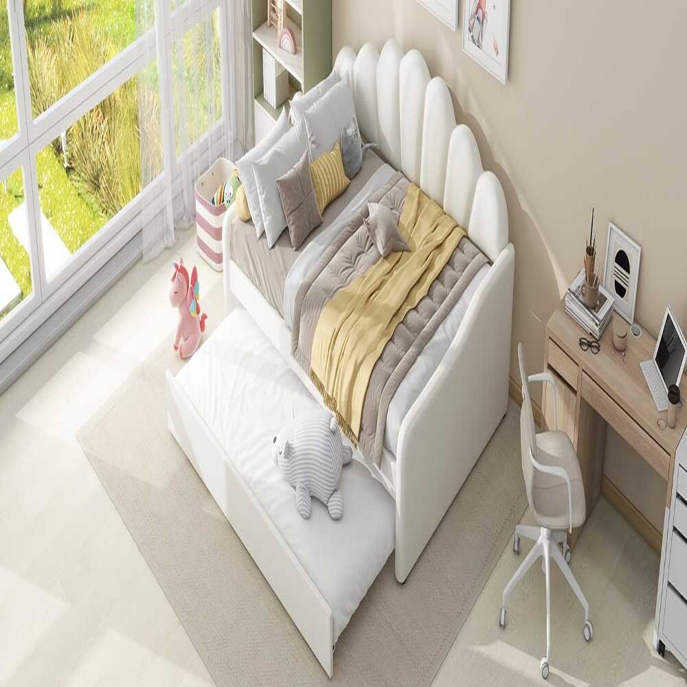 Alt View 6. Loheer - Loheer Full Size Upholstered Daybed with Trundle White Velvet Shell Shaped Backrest Sofa Bed - White.