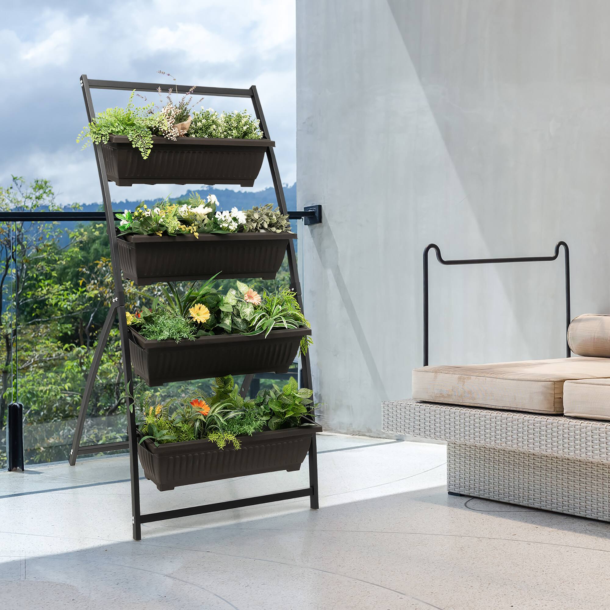 Alt View 3. Costway - 2PCS 5 FT 4-Tier Vertical Raised Garden Bed Elevated Planter w/4 Container Boxes - Black + Brown.
