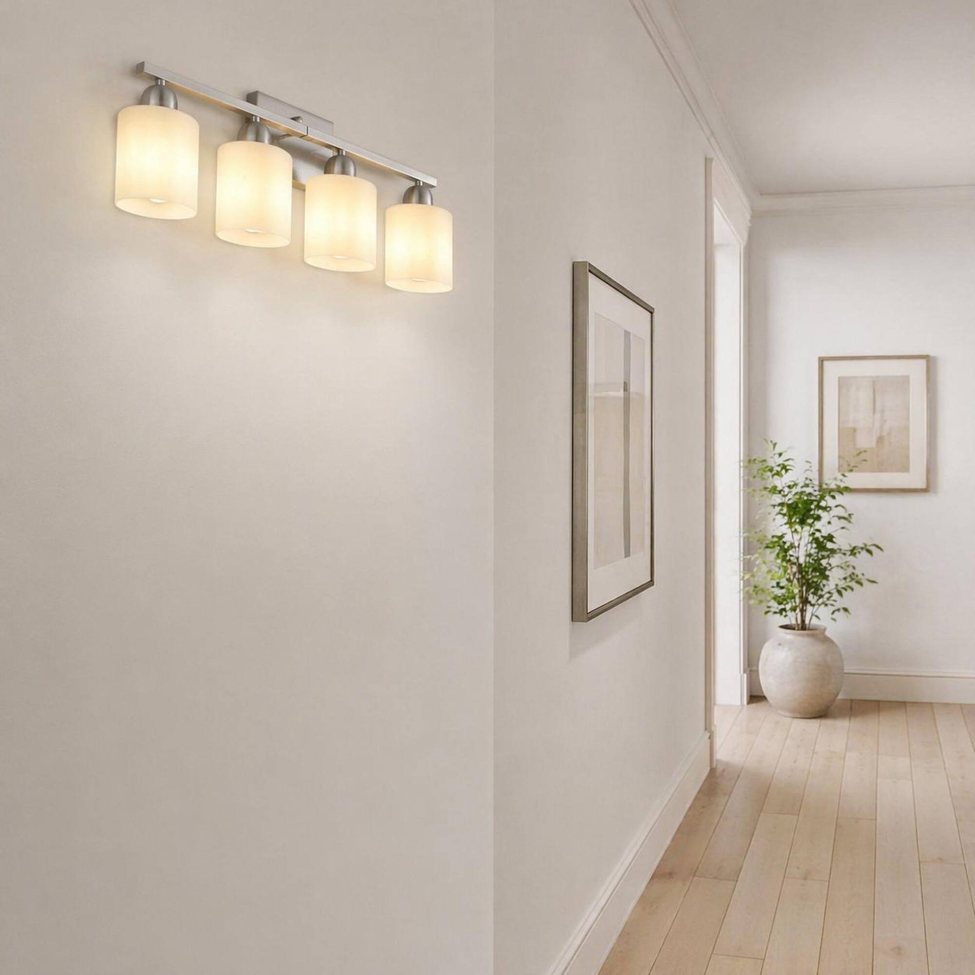 Back. RYHNUYNE - Modern 4-Light Nickel Bathroom Vanity Light with Frosted Glass Shades, Up/Down Wall Sconce for Mirror, Bedroom.