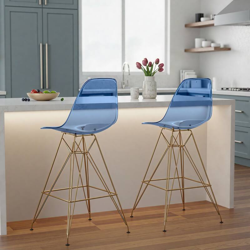 Angle. LeisureMod - Cresco Modern Acrylic Barstool, Clear Swivel Counter Height Stool with Gold Chrome Base Footrest - Transparent Blue.