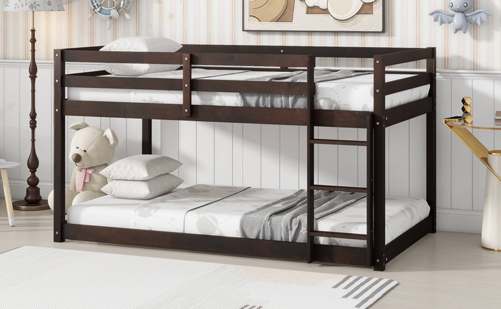 Alt View 7. Ecooso - Solid Wooden, Solid Rubber Wooden Twin over Twin Floor Bunk Bed with Ladder, with Bed Platform of Strengthened Slats - Espresso.
