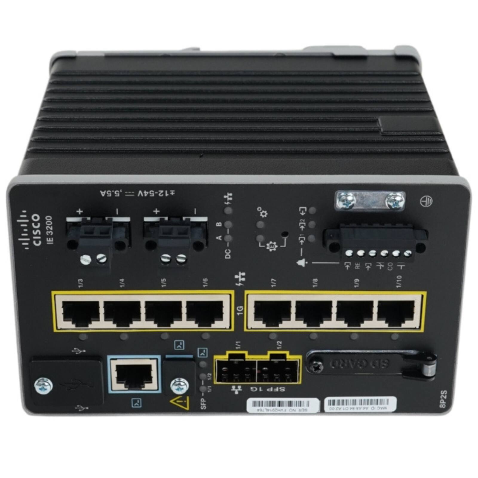 CISCO 3200 IE  
1/3 5.5A 12-54V  
1/4  
1/5  
1/6 B A DC  
1/7  
1/8 T  
1/9  
1/10  
1G A r AI SFP  
1/1  
1/2 1G SFP  
PH ON SDGARD  
8P2S