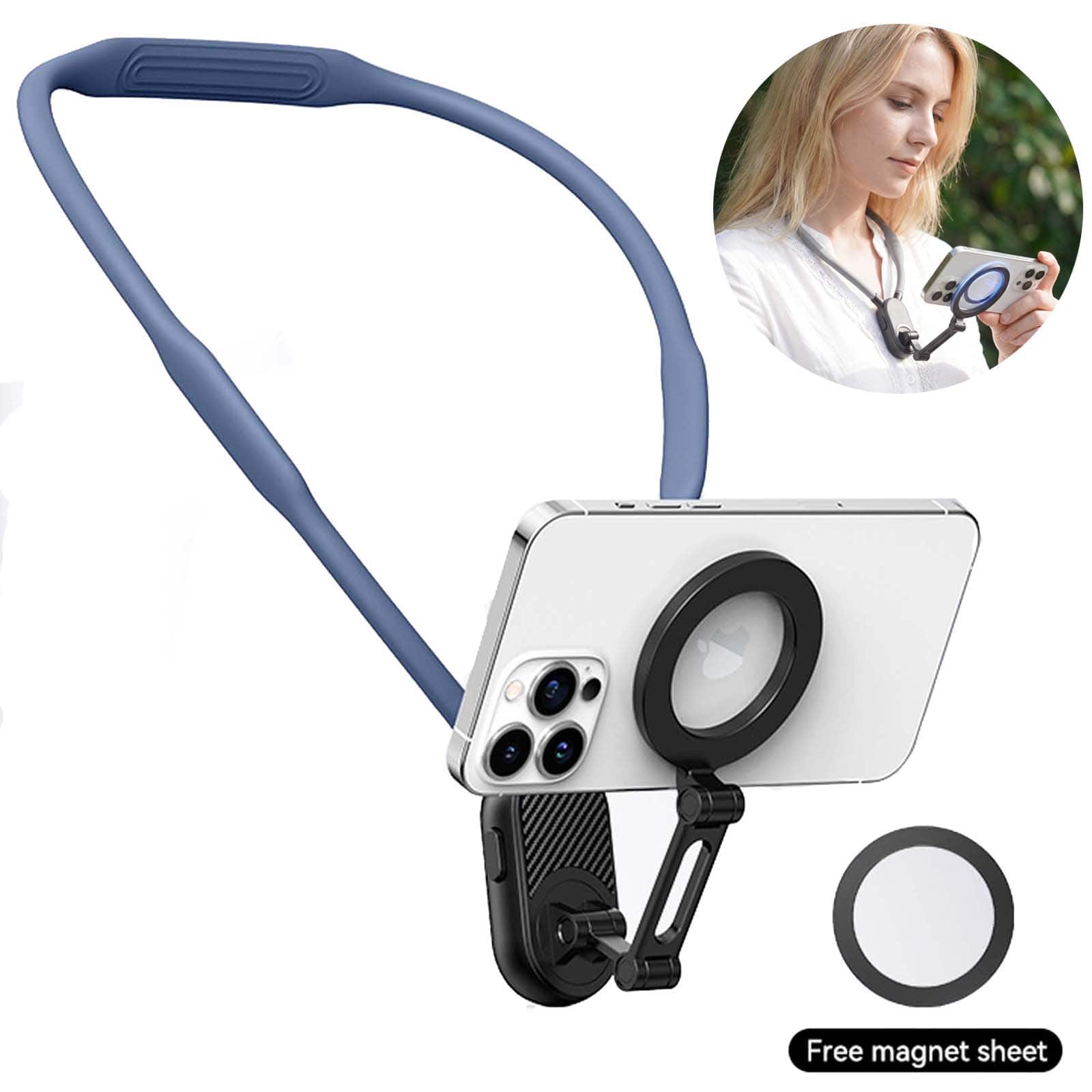 Dteck - Magnetic Neck Mount for Phones Hands Free Wearable POV Vlog Smartphone Video Recording Holder - Blue