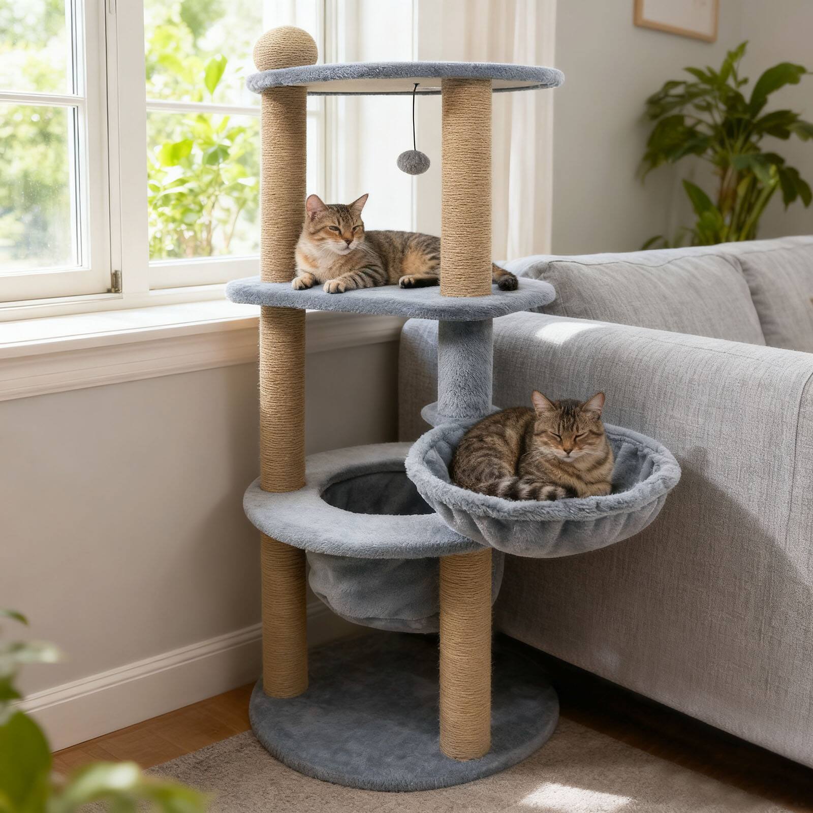 Alt View 3. Gymax - Gymax 48'' Tall Cat Towel w/Cat Nest Scratching Posts Ball Top Perch Hanging Ball.