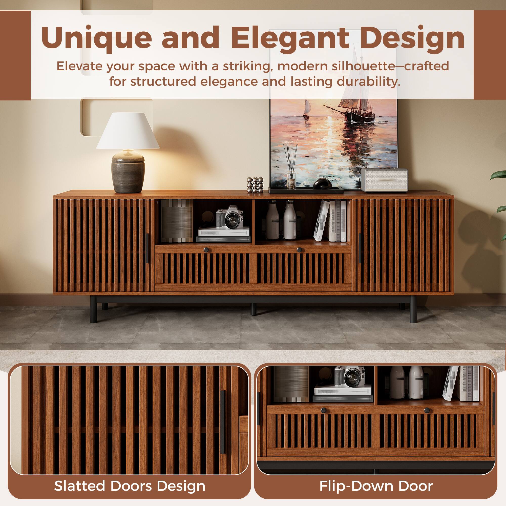 Unique and Elegant Design  
Elevate your space with a striking, modern silhouette—crafted for structured elegance and lasting durability.

Slatted Doors Design  
Flip-Down Door