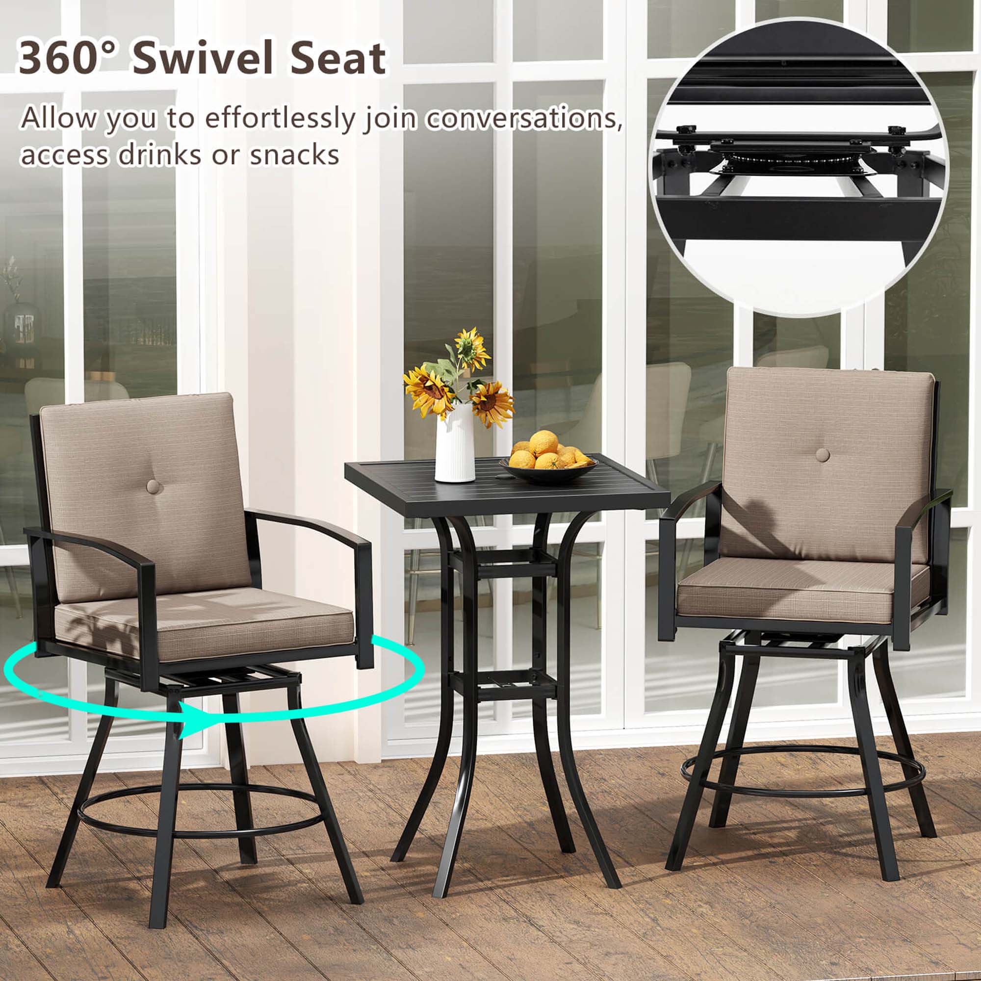 The text on the image reads: "360 Swivel Seat Allow you to effortlessly join conversations, access drinks or snacks."