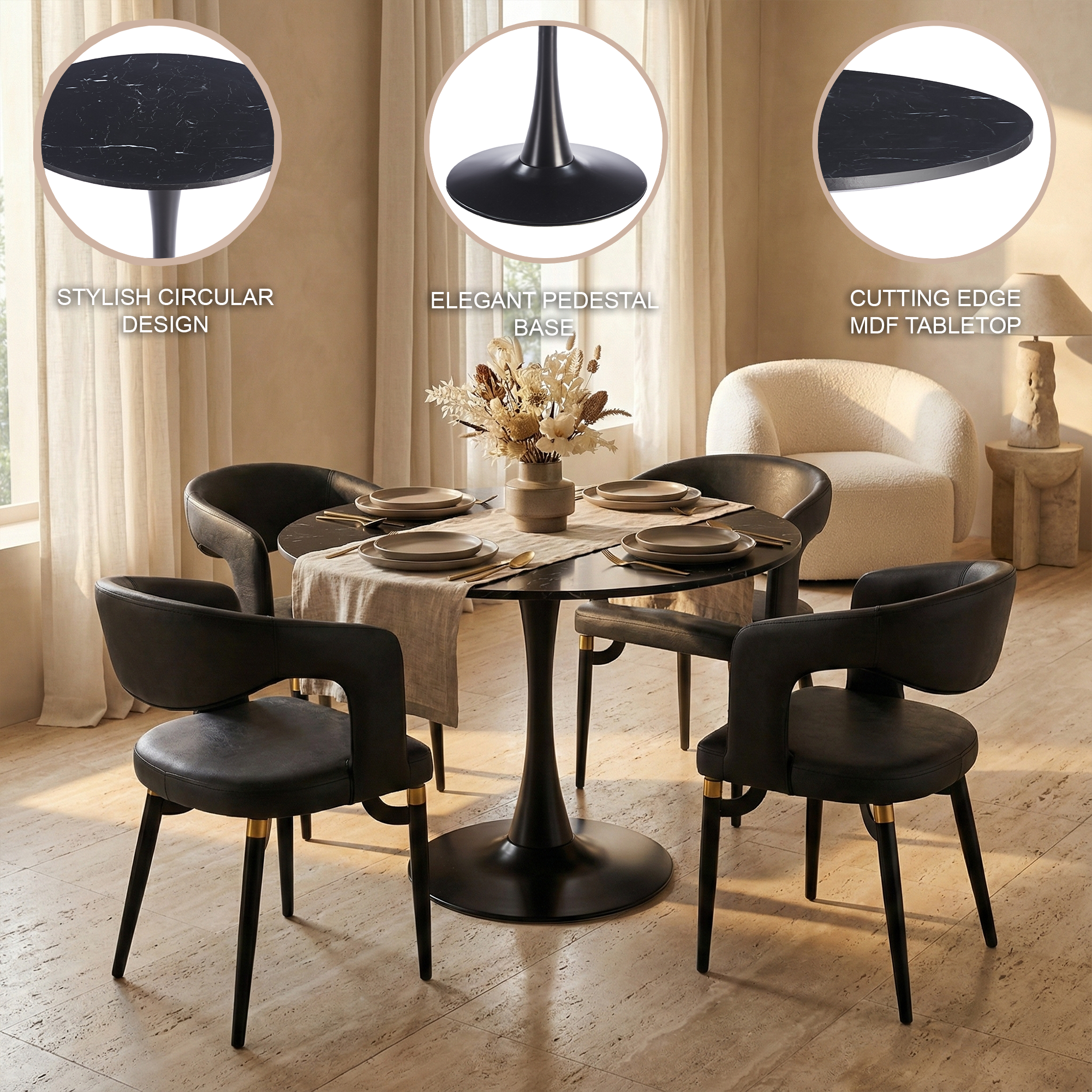 STYLISH CIRCULAR DESIGN  
ELEGANT PEDESTAL BASE  
CUTTING EDGE MDF TABLETOP