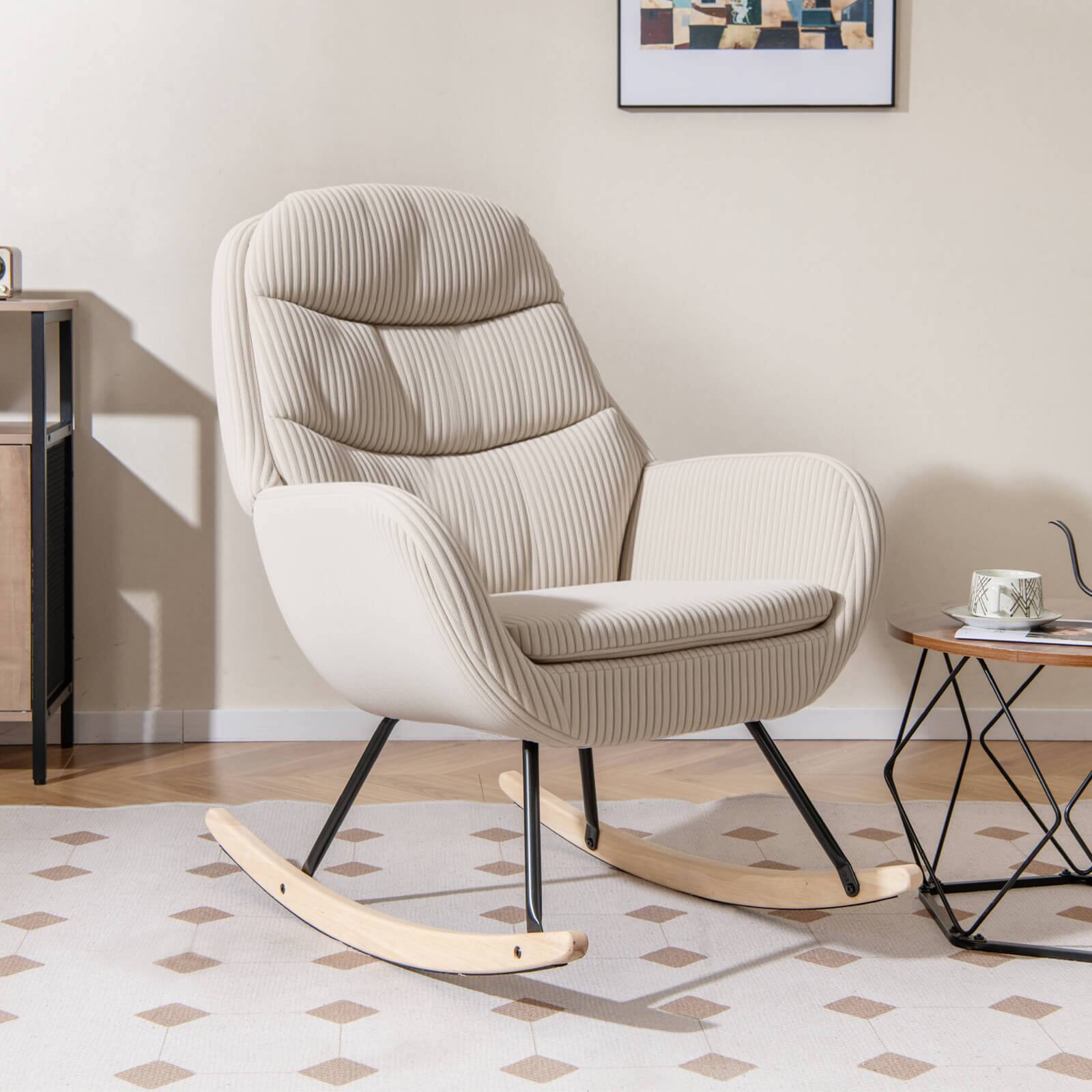 Alt View 5. Costway - Costway 2 PCS Upholstered Rocking Chair with Padded Backrest & Seat Rubber Wood Feet - Beige.