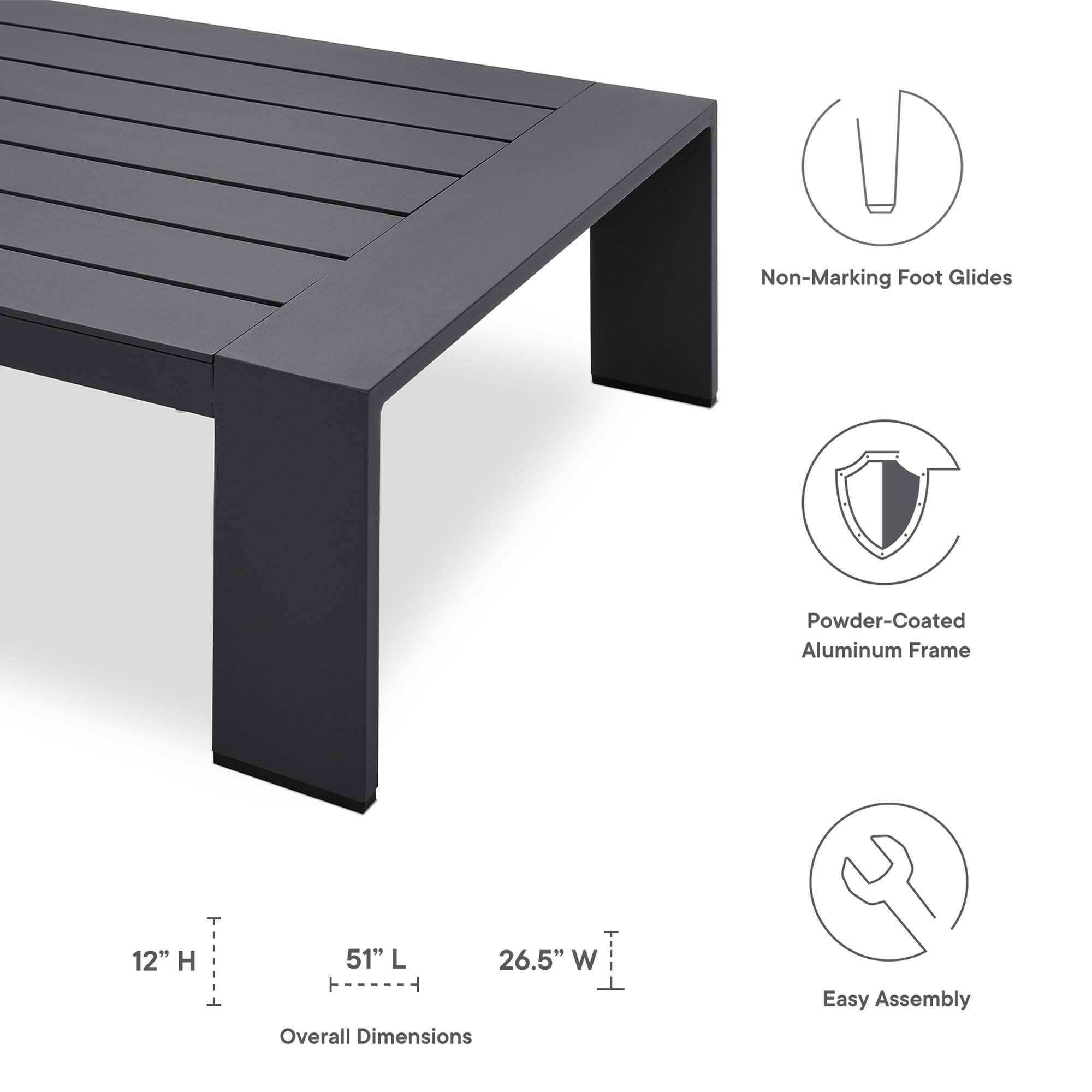 - Non-Marking Foot Glides
- Powder-Coated Aluminum Frame
- 12" H
- 51" L
- 26.5" W
- Overall Dimensions
- Easy Assembly