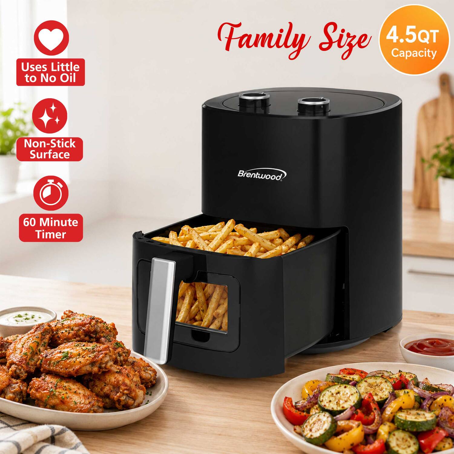 - Uses Little to No Oil
- Family Size 4.5QT Capacity
- Non-Stick Surface
- Brentwood
- 60 Minute Timer