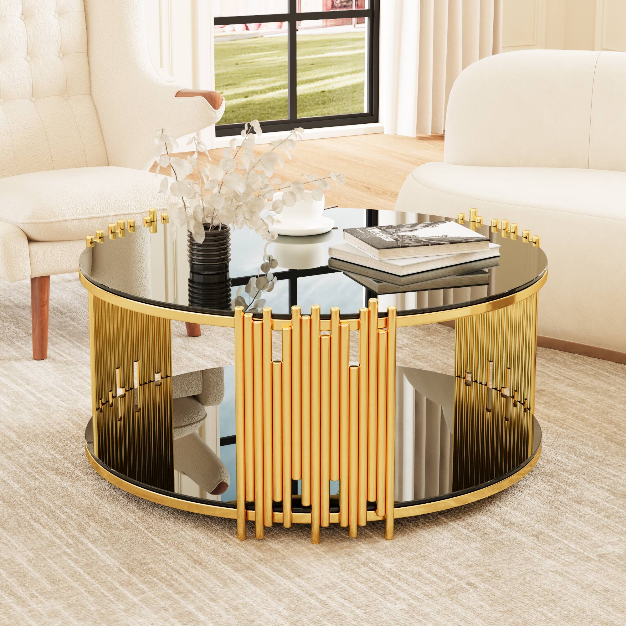 Angle. APRILSOUL - Coffee Table with Dual Storage Modern Round Coffee Table with Hidden Compartment Adjustable Leveling - Black.