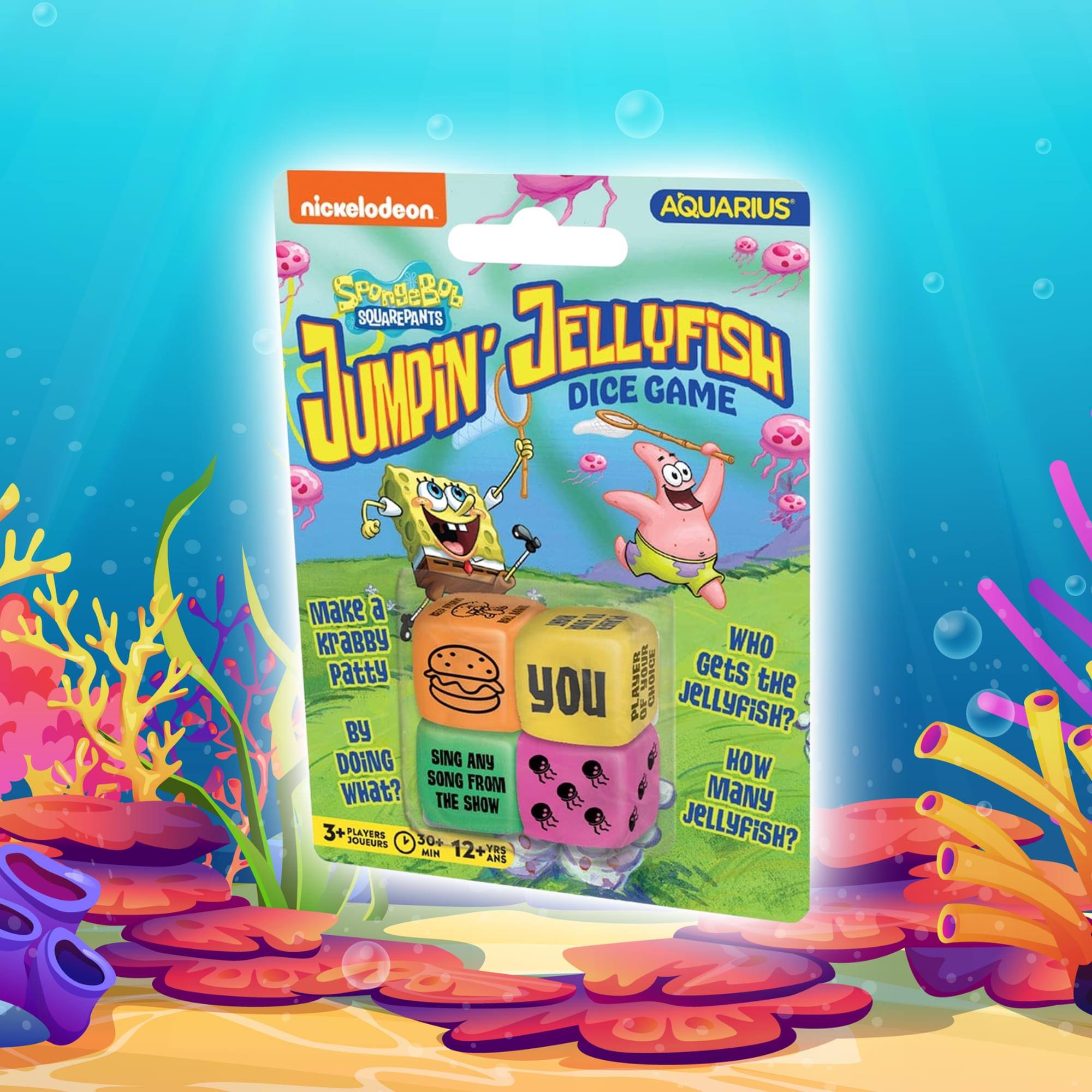 Nickelodeon  
SpongeBob SquarePants  
Aquarius  
Jumpin' Jellyfish Dice Game  

Make a Krabby Patty  
By Doing What?  
Sing Any Song from the Show  
Who Gets the Jellyfish?  
How Many Jellyfish?  

3+ Players  
30+ Min  
12+ Years