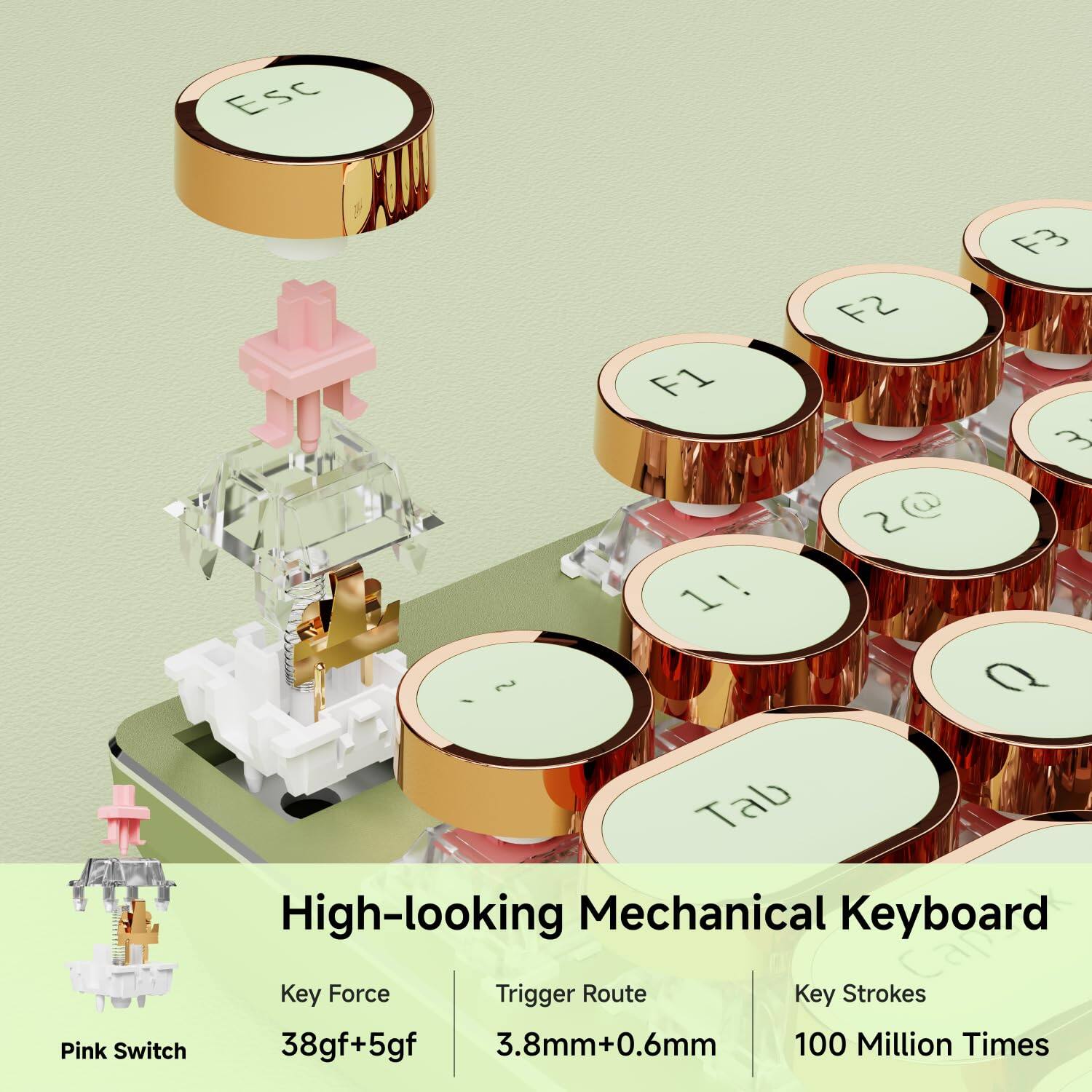 High-looking Mechanical Keyboard

Pink Switch

Key Force: 38gf+5gf

Trigger Route: 3.8mm+0.6mm

Key Strokes: 100 Million Times