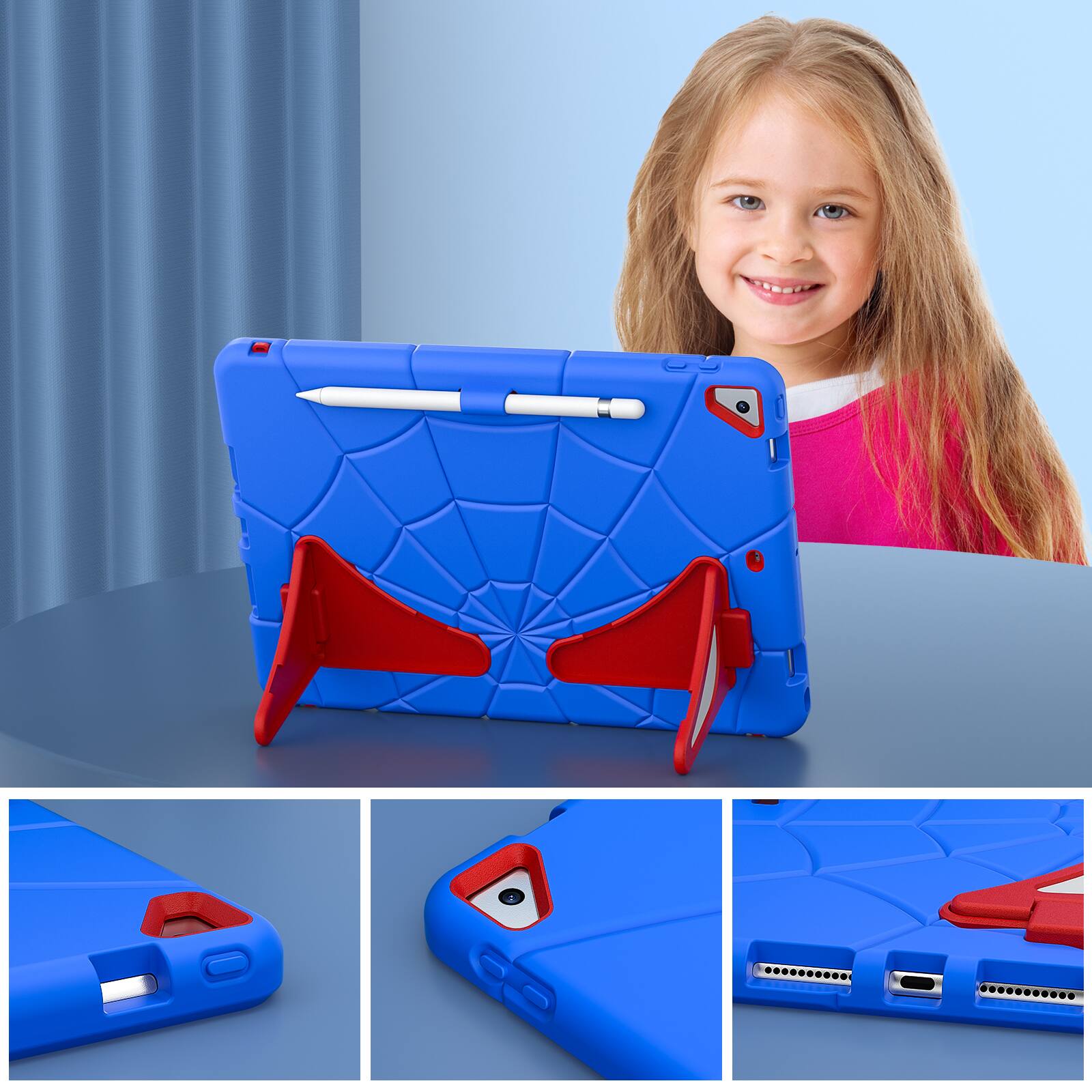 Alt View 4. UUCOVER - Kids Case for iPad 9th 8th 7th Gen 10.2-inch (2021/2020/2019) ,Shockproof TPU+PC Rugged Stand Case Protective Cover - Blue+Red.