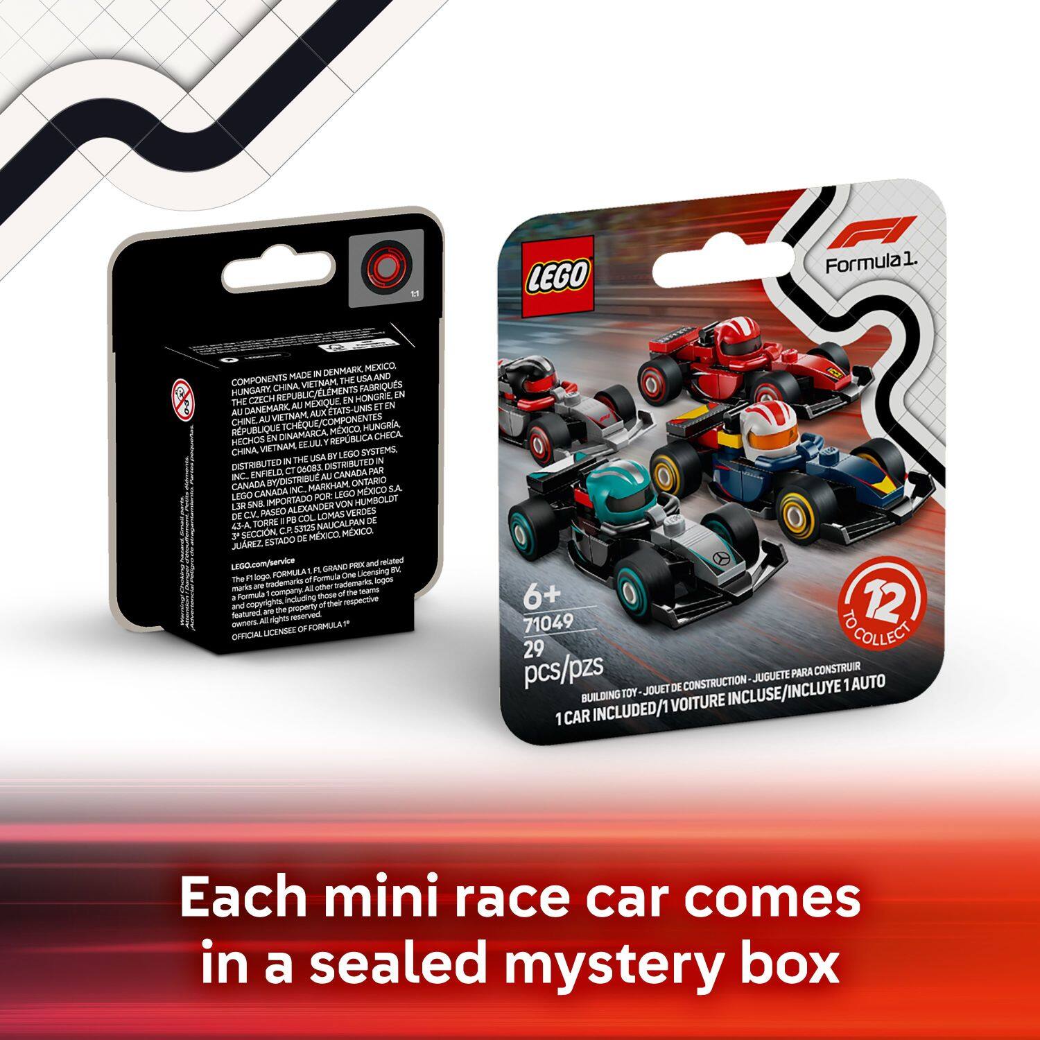 Each mini race car comes in a sealed mystery box.