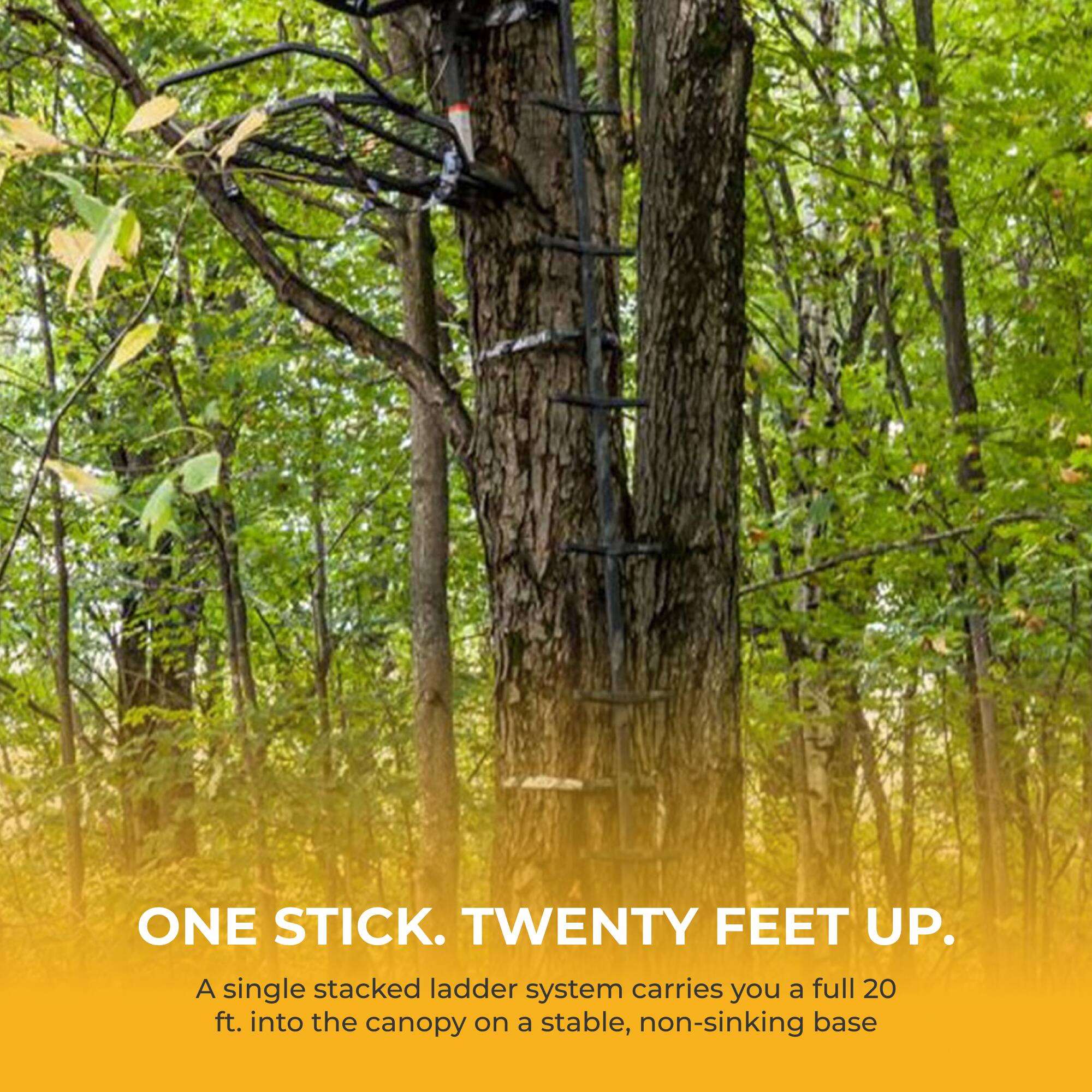 ONE STICK. TWENTY FEET UP.  
A single stacked ladder system carries you a full 20 ft. into the canopy on a stable, non-sinking base