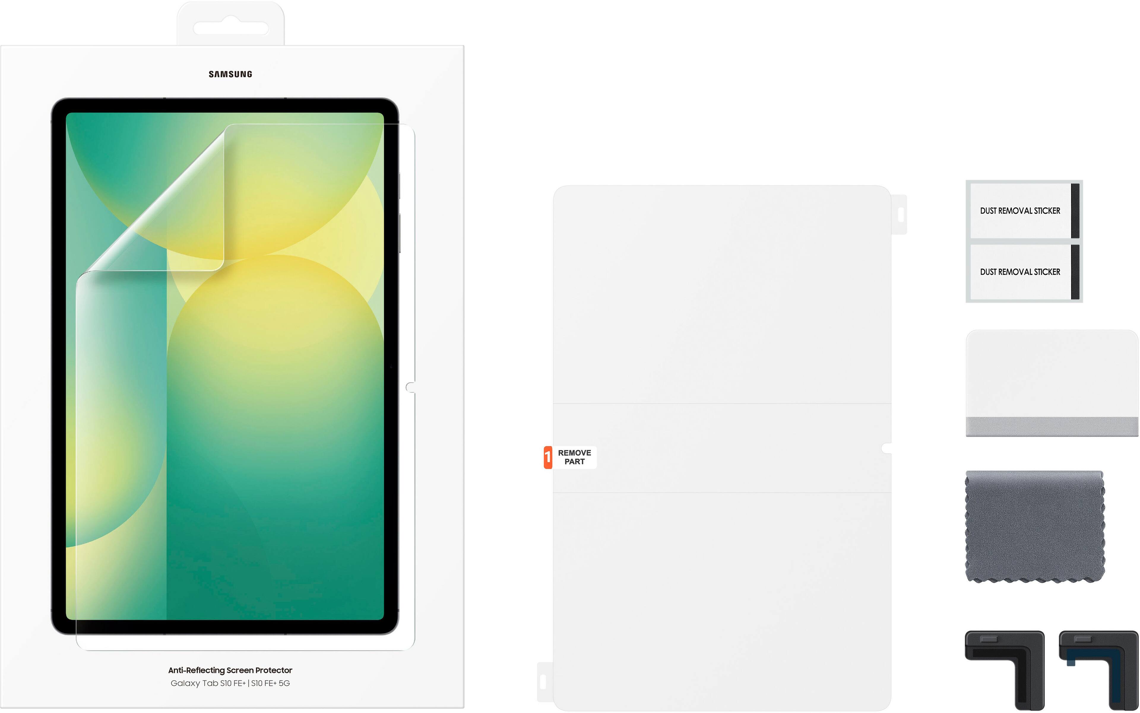 The text on the image reads: "SAMSUNG DUST REMOVAL STICKER DUST REMOVAL STICKER REMOVE 1 PART Anti-Reflecting Screen Protector Galaxy Tab SI0 FE+ FE-1S10 S10 FE+ 50". This text describes a Samsung dust removal sticker and an anti-reflecting screen protector for the Galaxy Tab SI0 FE+ and FE-1S10 S10 FE+.