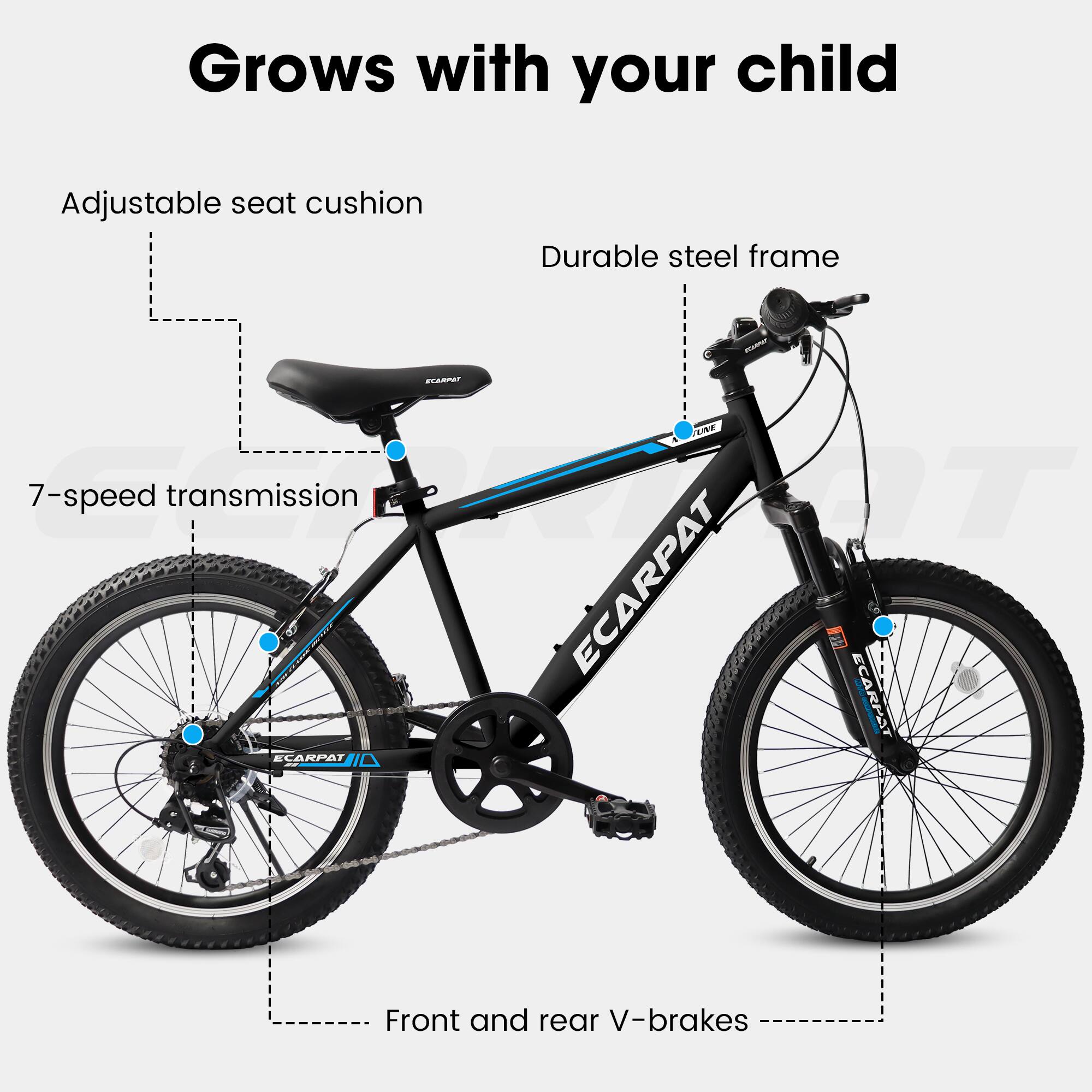 Grows with your child  
Adjustable seat cushion  
Durable steel frame  
7-speed transmission  
Front and rear V-brakes