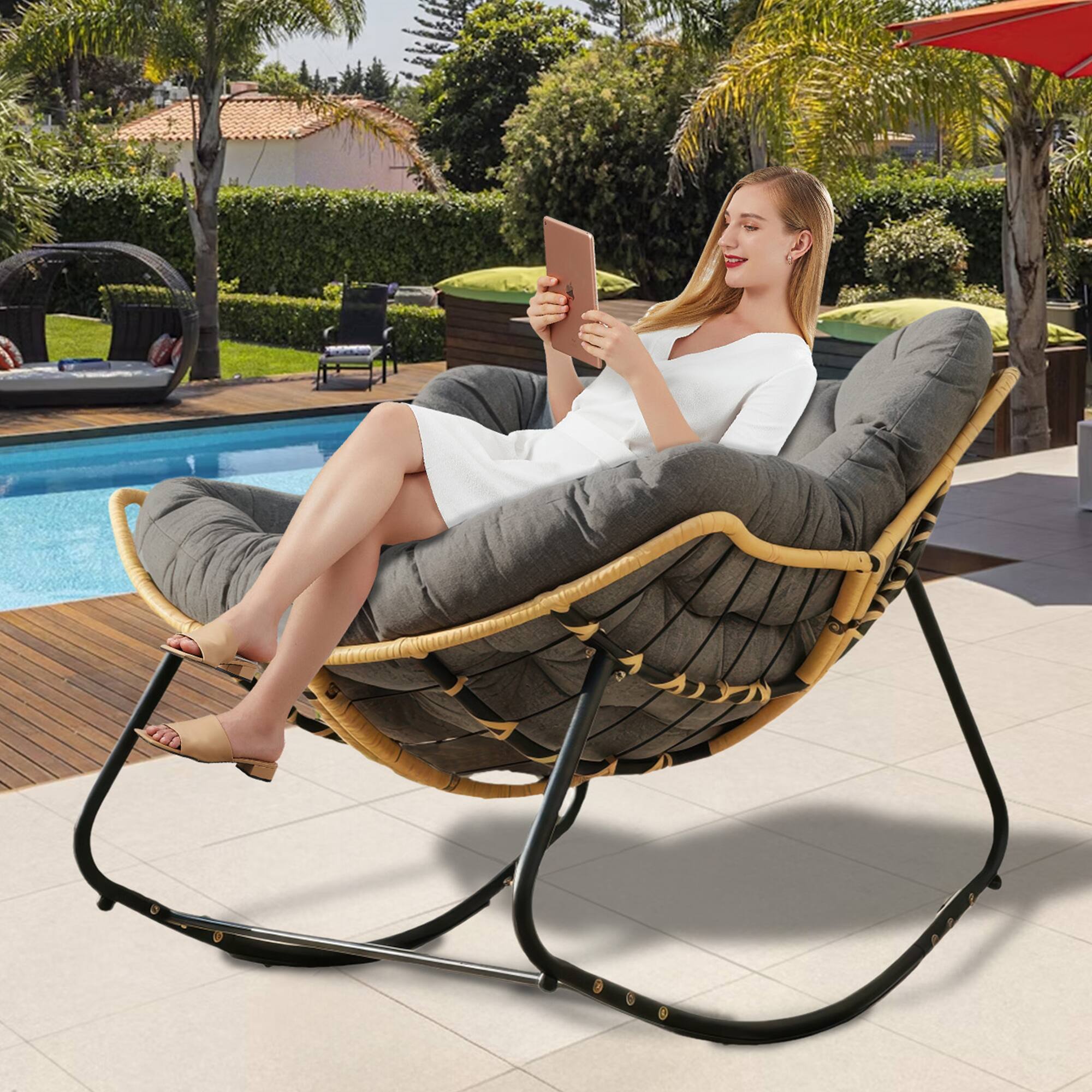 Back. Tiramisubest - Larger Outdoor Rocking Chair,Patio Egg Rocking Chair,Rattan Wicker Lounge Chair for Indoor and Outdoor Spaces-Dark Grey - Black+ Gray.