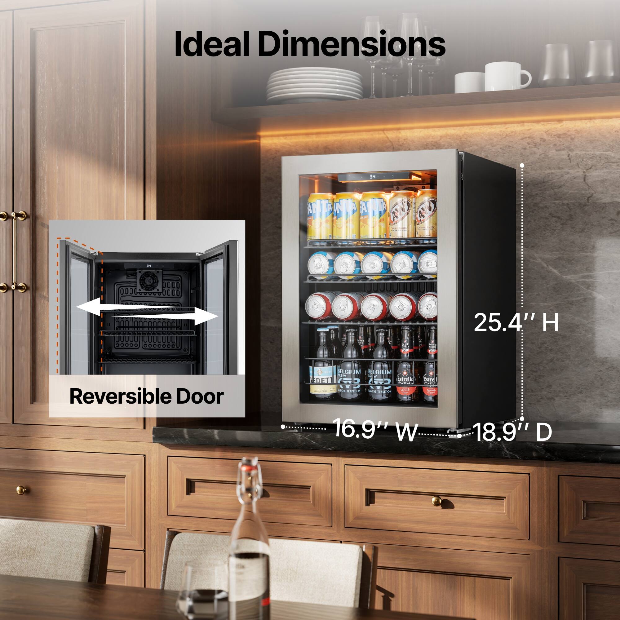 Ideal Dimensions

- Height: 25.4" H
- Width: 16.9" W
- Depth: 18.9" D

Reversible Door