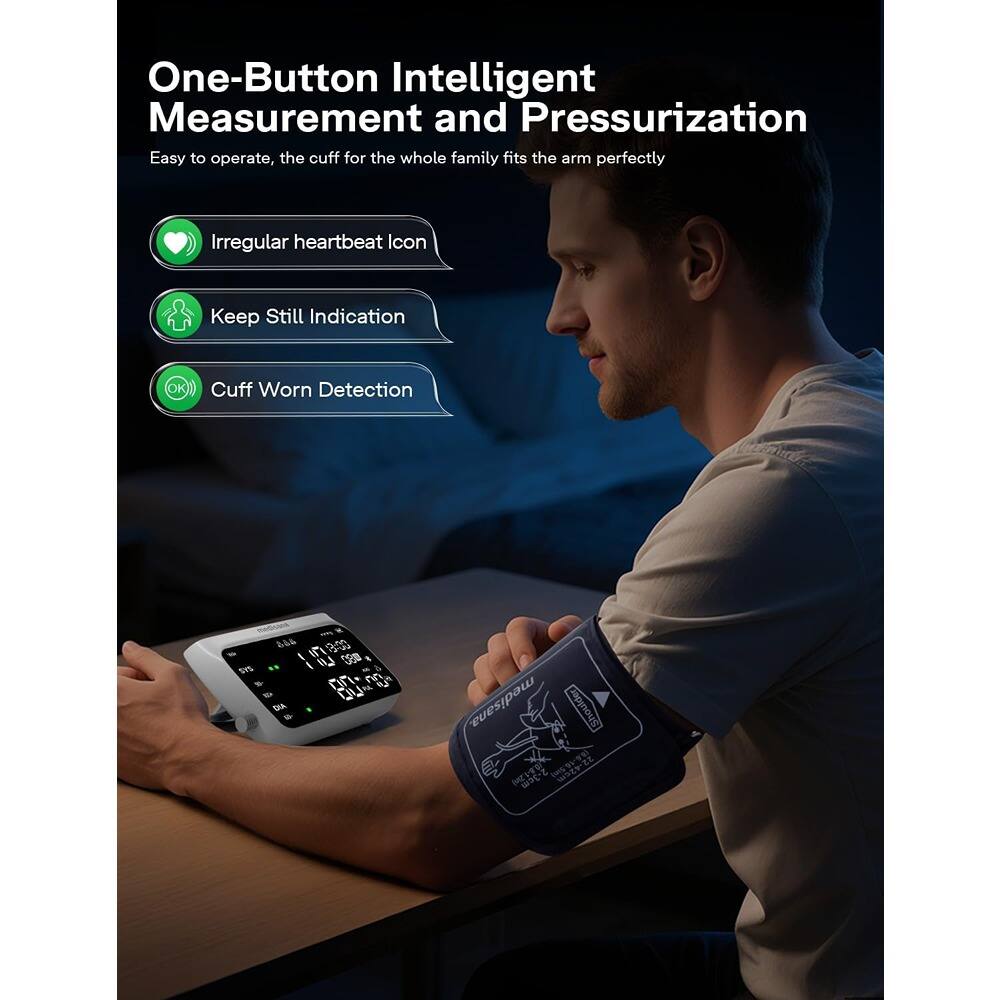 One-Button Intelligent Measurement and Pressurization  
Easy to operate, the cuff for the whole family fits the arm perfectly  

Irregular heartbeat icon  
Keep Still Indication  
Cuff Worn Detection  

DU medisana Ehoulder tE M jc tHS