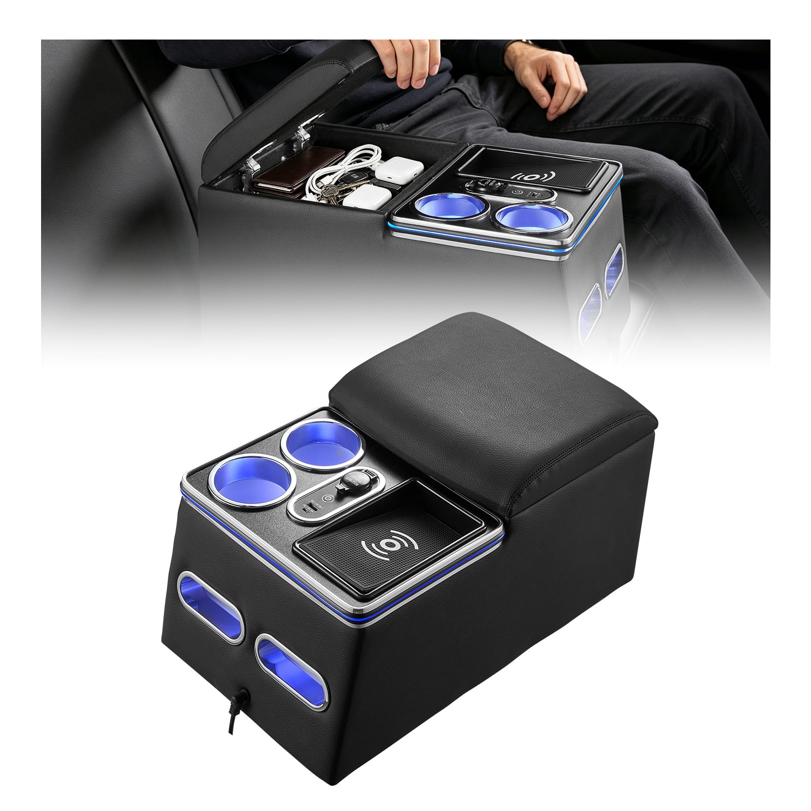 VEVOR - Universal Rear Bench Seat Center Console with 7-Color Ambient Lights, Wireless/USB/Cigarette Lighter Charging - Black price history on PriceWatchPro