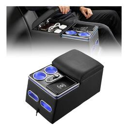 VEVOR - Universal Rear Bench Seat Center Console with 7-Color Ambient Lights, Wireless/USB/Cigarette Lighter Charging - Black