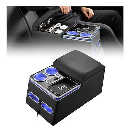 Front. VEVOR - Universal Rear Bench Seat Center Console with 7-Color Ambient Lights, Wireless/USB/Cigarette Lighter Charging - Black.