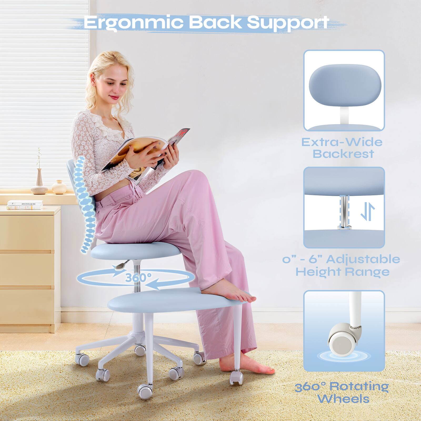 Ergonomic Back Support - Extra-Wide Backrest | 0-6" Adjustable Height Range | 360° Rotating Wheels