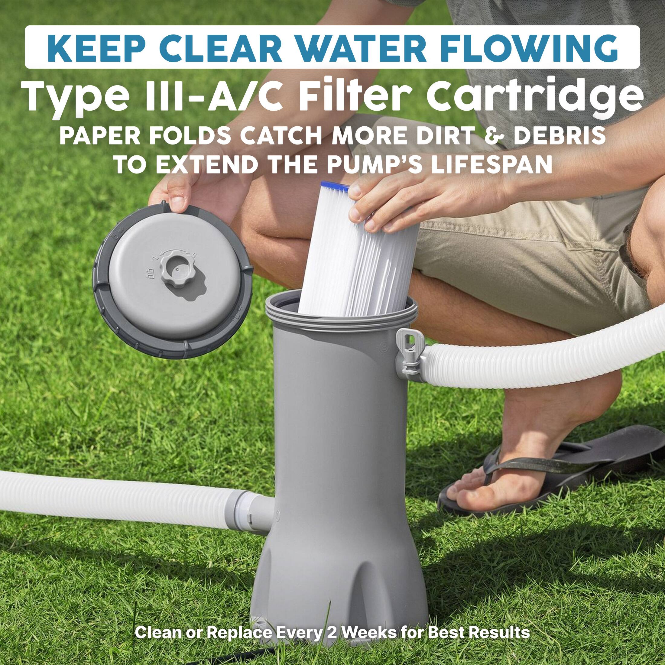 KEEP CLEAR WATER FLOWING  
Type III-A/C Filter Cartridge  
PAPER FOLDS CATCH MORE DIRT & DEBRIS TO EXTEND THE PUMP'S LIFESPAN  
Clean or Replace Every 2 Weeks for Best Results