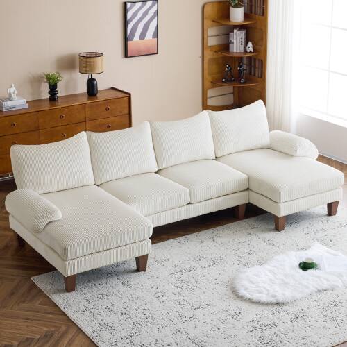 Front. Winado - U-Shape Sectional Sofa Set with Corduroy Fabric Home Furniture Reception Room - White.