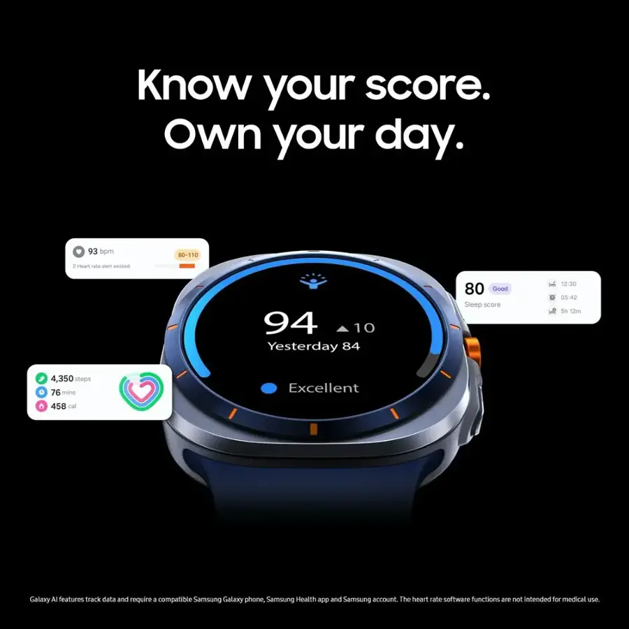 Know your score. Own your day. 93 bpm 80-110 2 Heart rate alerts existed 94 10 Yesterday 84 80 Good Sleep score 12:30 05:42 5h 12m 4,350 steps 76 mins Excellent 458 cal Galaxy AI features track data and require a compatible Samsung Galaxy phone, Samsung Health app and Samsung account. The heart rate software functions are not intended for medical use.