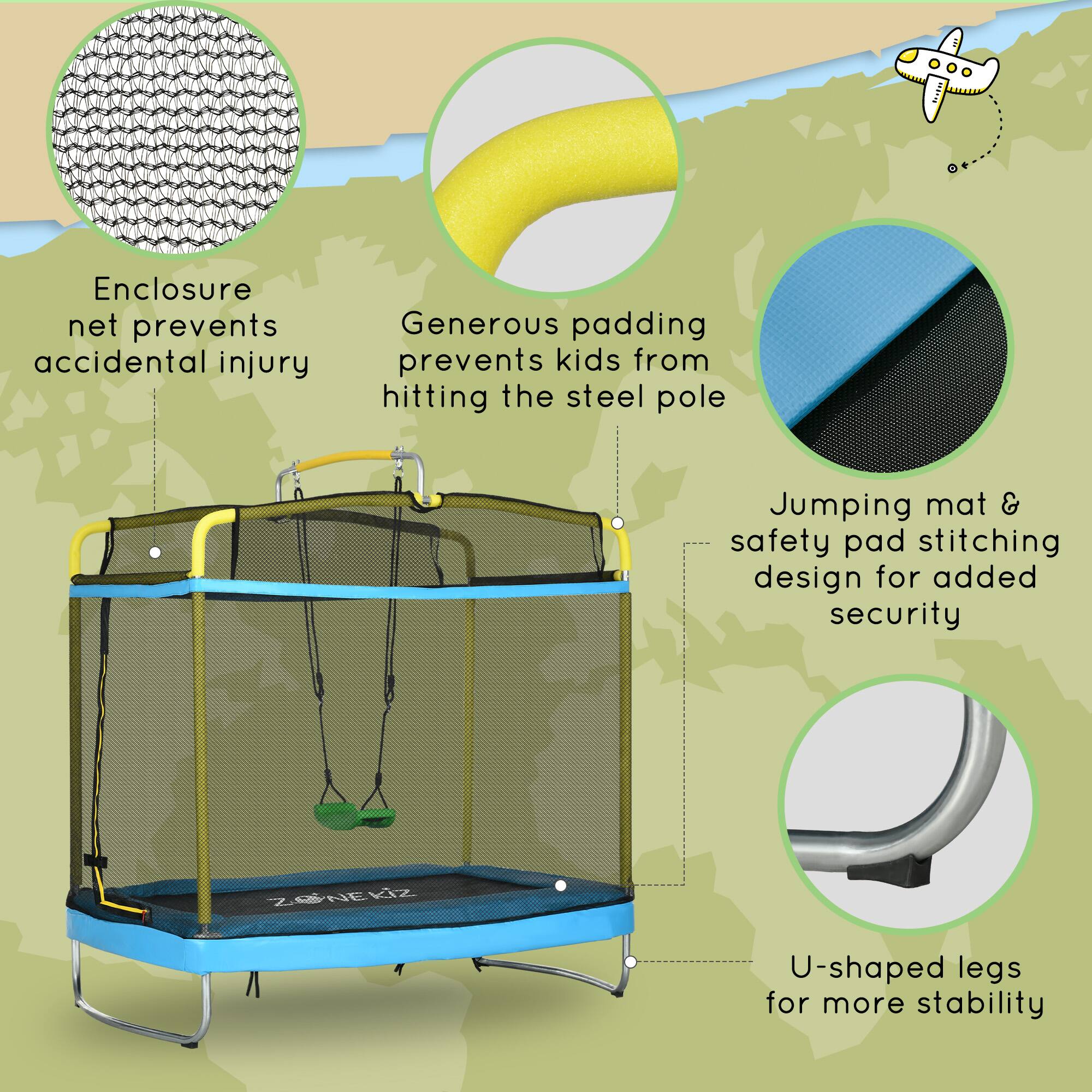 Back. Qaba - Trampoline for Kids, 6.9' Kids Trampoline with Enclosure, 3 in 1 Toddler Trampoline with Swing, Gymnastics Bar - Light Blue.
