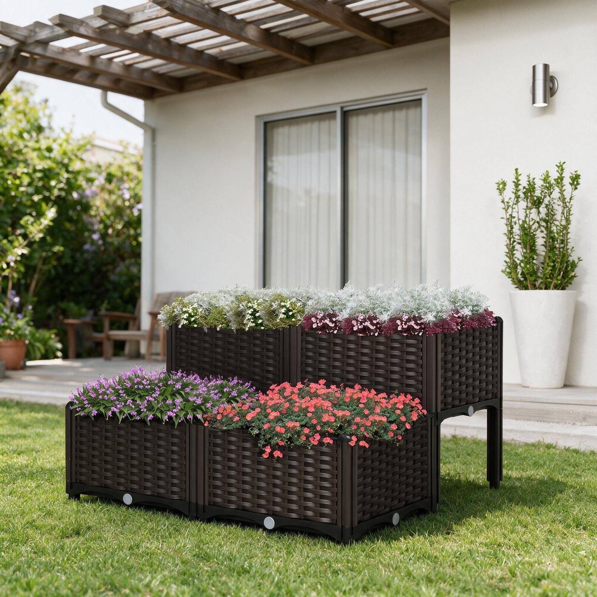 Alt View 1. RYHNUYNE - Outsunny 4 Piece Raised Garden Bed with Legs, Self-Watering Planter Box, Plastic Modular Planter for Herbs - Brown.