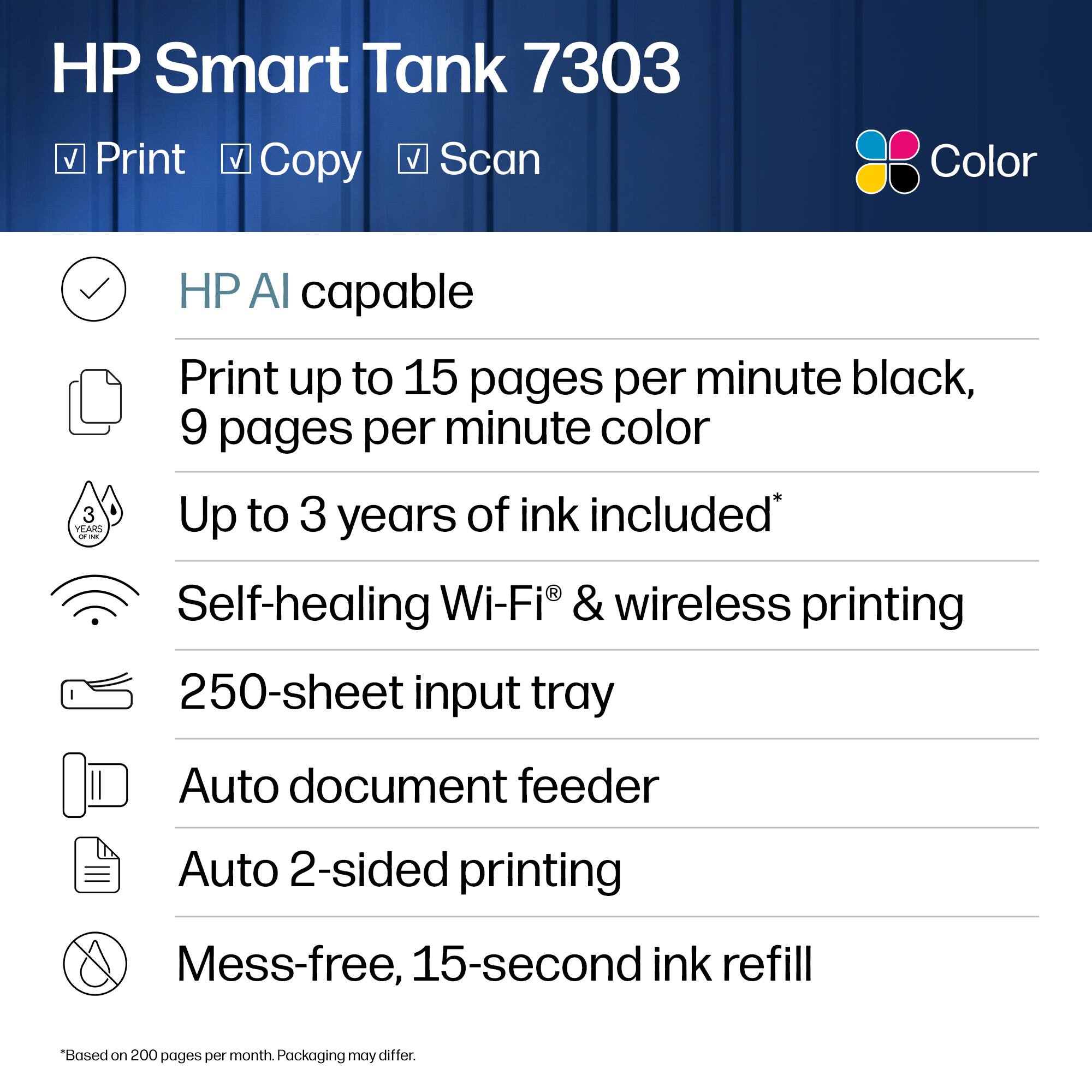 HP Smart Tank 7303 Print Copy Scan Color

- HP AI capable
- Print up to 15 pages per minute black, 9 pages per minute color
- Up to 3 years of ink included*
- Self-healing Wi-Fi® & wireless printing
- 250-sheet input tray
- Auto document feeder
- Auto 2-sided printing
- Mess-free, 15-second ink refill

*Based on 200 pages per month. Packaging may differ.