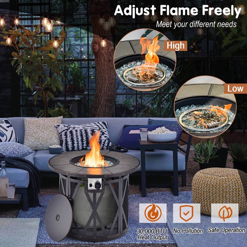 Adjust Flame Freely  
Meet your different needs  

High  
Low  

30,000 BTU Heat Output  
No Pollution  
Safe Operation
