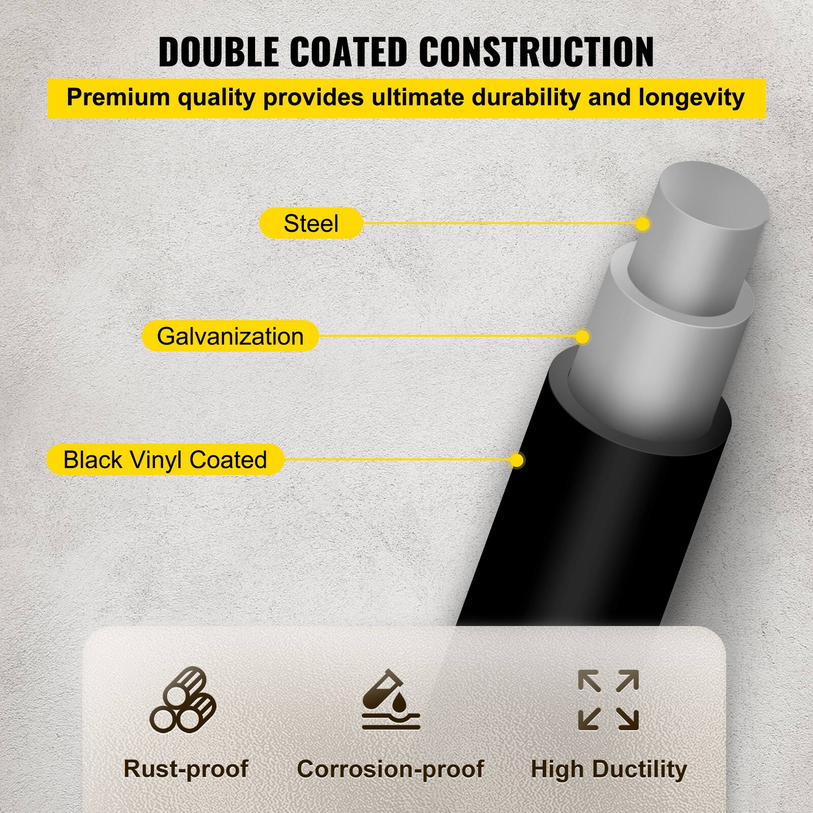 DOUBLE COATED CONSTRUCTION  
Premium quality provides ultimate durability and longevity  

- Steel  
- Galvanization  
- Black Vinyl Coated  

Rust-proof  
Corrosion-proof  
High Ductility