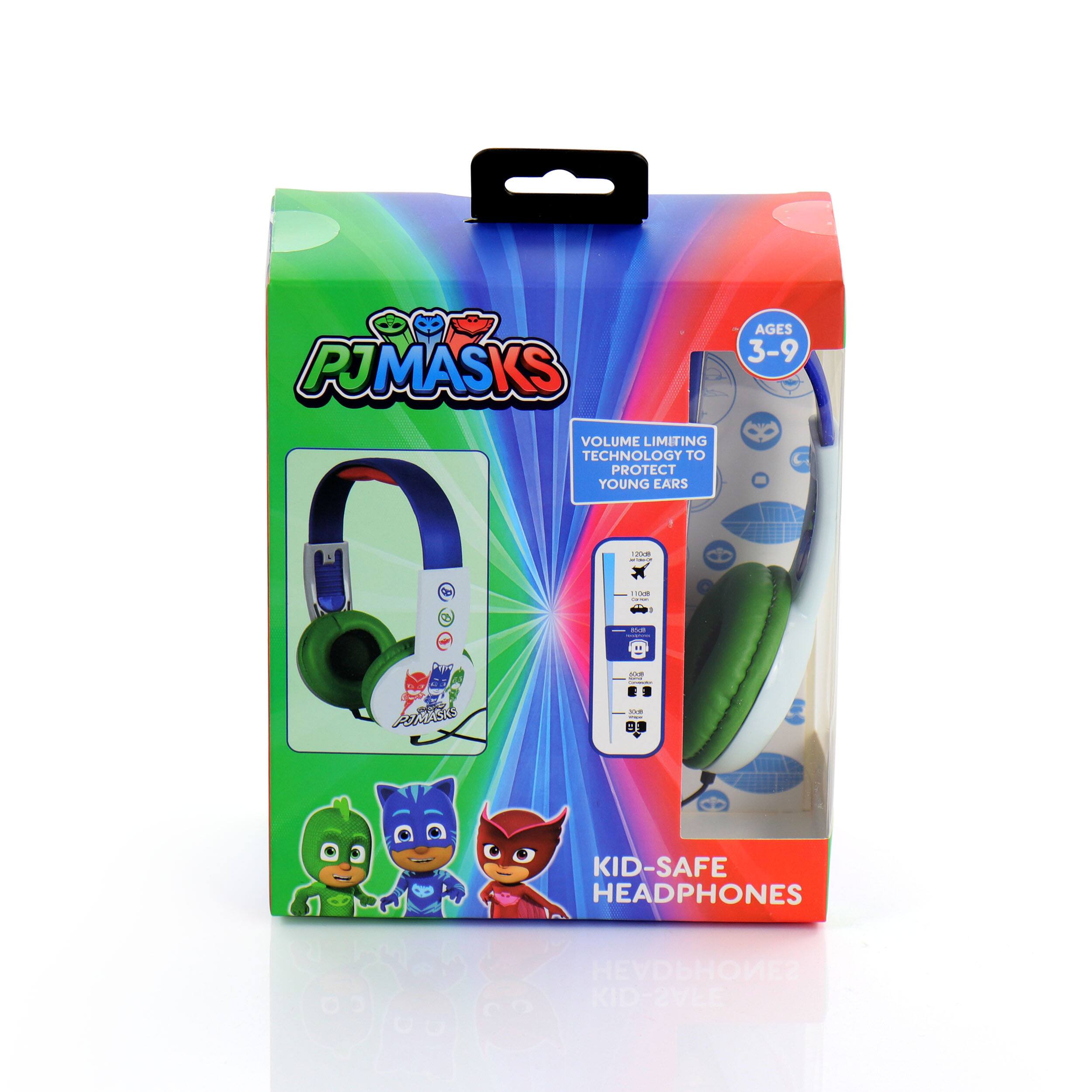 PJMASKS AGES 3-9 VOLUME LIMITING TECHNOLOGY TO PROTECT YOUNG EARS | -- | - 1 I - : P.. ee AUARSKS - 2 KID-SAFE HEADPHONES