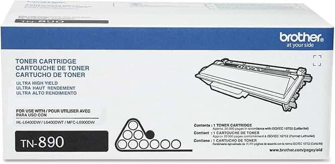 **TONER CARTRIDGE**  
**CARTOUCHE DE TONER**  
**CARTUCHO DE TONER**  

**ULTRA HIGH YIELD**  
**ULTRA HAUT RENDEMENT**  
**ULTRA ALTO RENDIMIENTO**  

**FOR USE WITH / POUR UTILISER AVEC / PARA USO CON**  
**HL-L6400DW / L6400DWT / MFC-L6900DW**  

**TN-890**  

**Contents : 1 TONER CARTRIDGE**  
**Contient 1 CARTOUCHE DE TONER**  
**Contiene : 1 CARTUCHO DE TONER**  

**Approx 20,000 pages in accordance ISOREC 19752 (LottoetA)**  
**Approx 20 000 pages conformément & ISOREC 19752 (Format Lettro/As)**  
**Rendimiento aproximado de 20,200 páginas de acuerdo con la ISOEC 19752**  

**www.brother.com/pageyield**