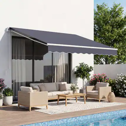 Front. VEVOR - Manual Retractable Awning, 8.2' x 6.6' Outdoor Patio Awning Retractable Sun Shade, Patio Door Window Water-Resistant - Dark Gray.